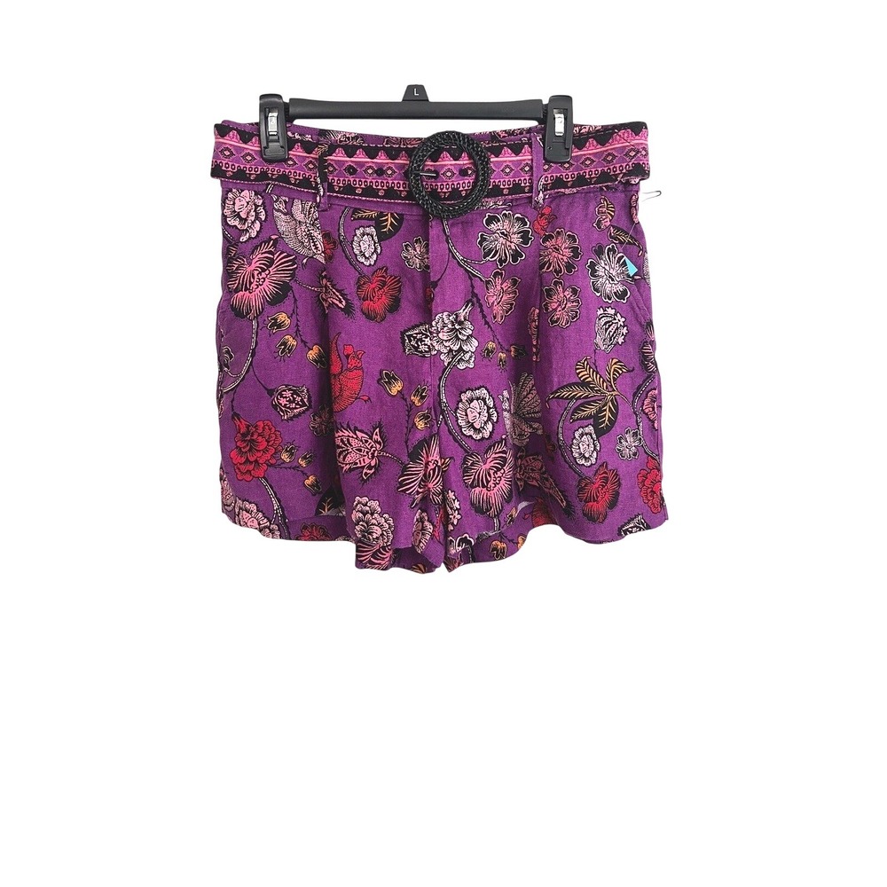 New Nicole Miller New York Purple Floral 100% Linen Belted Shorts Womens Size 10
